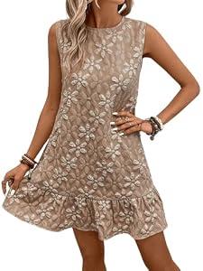SOLY HUX Women's Sleeveless Tank Dress Round Neck Ruffle Hem Casual Jacquard Hem Smock Summer Mini Dresses for Women Plain Khaki X-Small