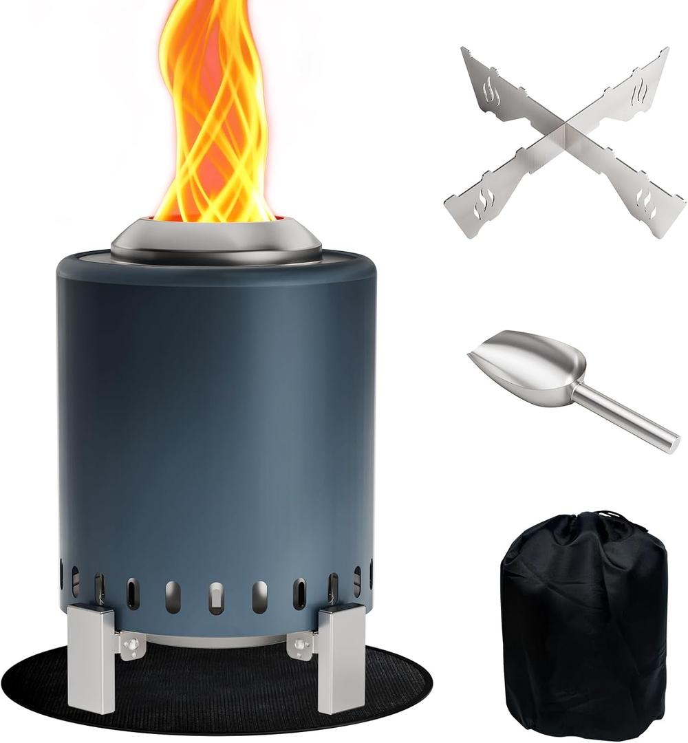 Mini Smokeless 7.5 Inch Tabletop Fire Pit with Pan Stand and Insulation Mat, Portable Stainless Steel Fire Pit for Camping, Patio Tabletop Firepit, Burns Wood or Pellets, Travel Bag Included, Blue
