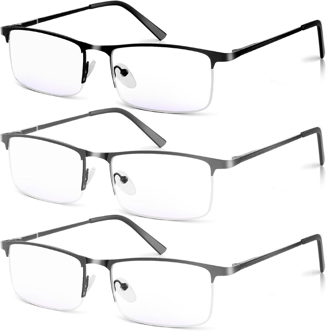 3 Pack Blue Light Blocking Reading Glasses for Men, Stylish Half Frame Metal Computer Readers, Lightweight Spring Hinge Eyeglasses Anti Eyestrain/Glare/UV (2PCS Gray+1PCS Black,+3.0)
