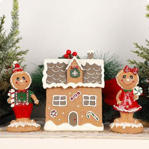 Lulu Home Christmas Tabletop Decorations, Resin Gingerbread House and 2 Gingerbread Men Figurines Adorn with Candy Cane Wreath for Indoor Holiday Fireplace Shelf Ornaments Display