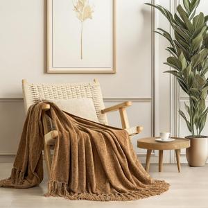 EVERGRACE Soft Chenille Throw Blanket for Couch, Cozy Plush Fuzzy Decorative Chenille Knit Throw Blanket with Tassels, Lightweight Blanket and Throws for Bed Sofa Gift Home Decor, Khaki 50"x60"