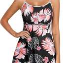 Aleumdr Womens Ribbed One Piece Swimsuits Modest Swim Dress Tummy Control Adjustable Straps Bathing Suit with Pockets (XL, Black Printed)