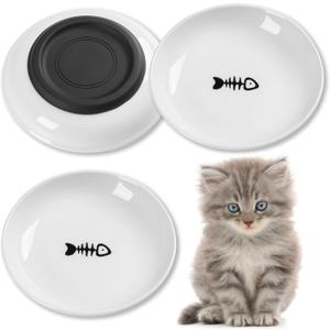Cat Food Bowl, Whisker Friendly Ceramic Cat Bowls with Nonslip Silicone Bottom, Pack of 3 Quiet Dishes and Plates for Feeding Indoor Cats, Kittens and Small Dogs(Fishbone,Shallower)