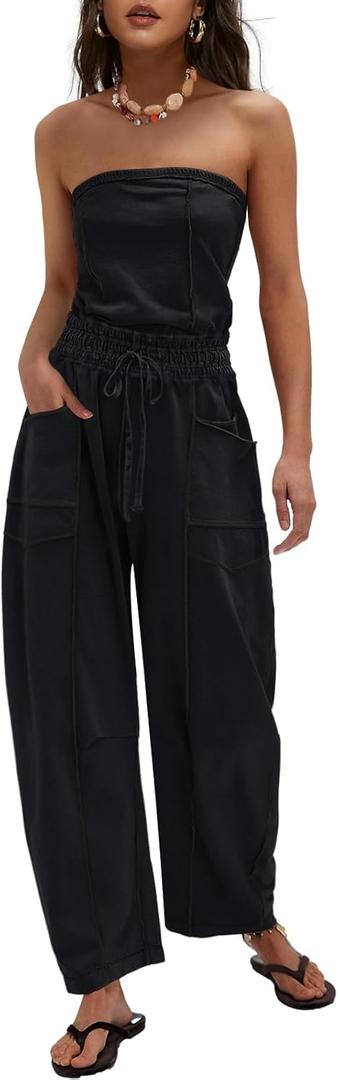 LAMISSCHE Womens Casual Strapless Jumpsuits off the Shoulder Summer Rompers Sleeveless One Piece Outfits with Pockets (X-Small, Black)