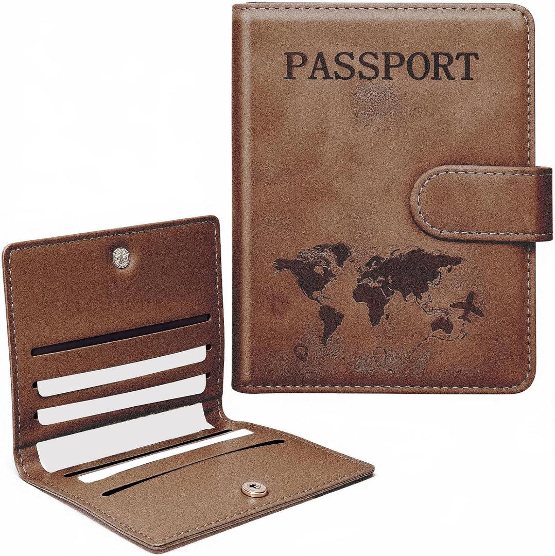 2 Pack RFID Passport Holder and Leather Card Case Set - Travel Essentials for Women & Men (Brown)