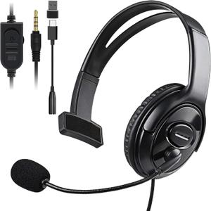 Wired Single Ear Headset with 3.5mm Jack & USB-C & USB-A Adapter for PS5, PS4, Xbox, Switch, PC, iPhone, iPad, Android - Unilateral Mono Headphone for Gaming, Call Center, Remote Work, Online Classes
