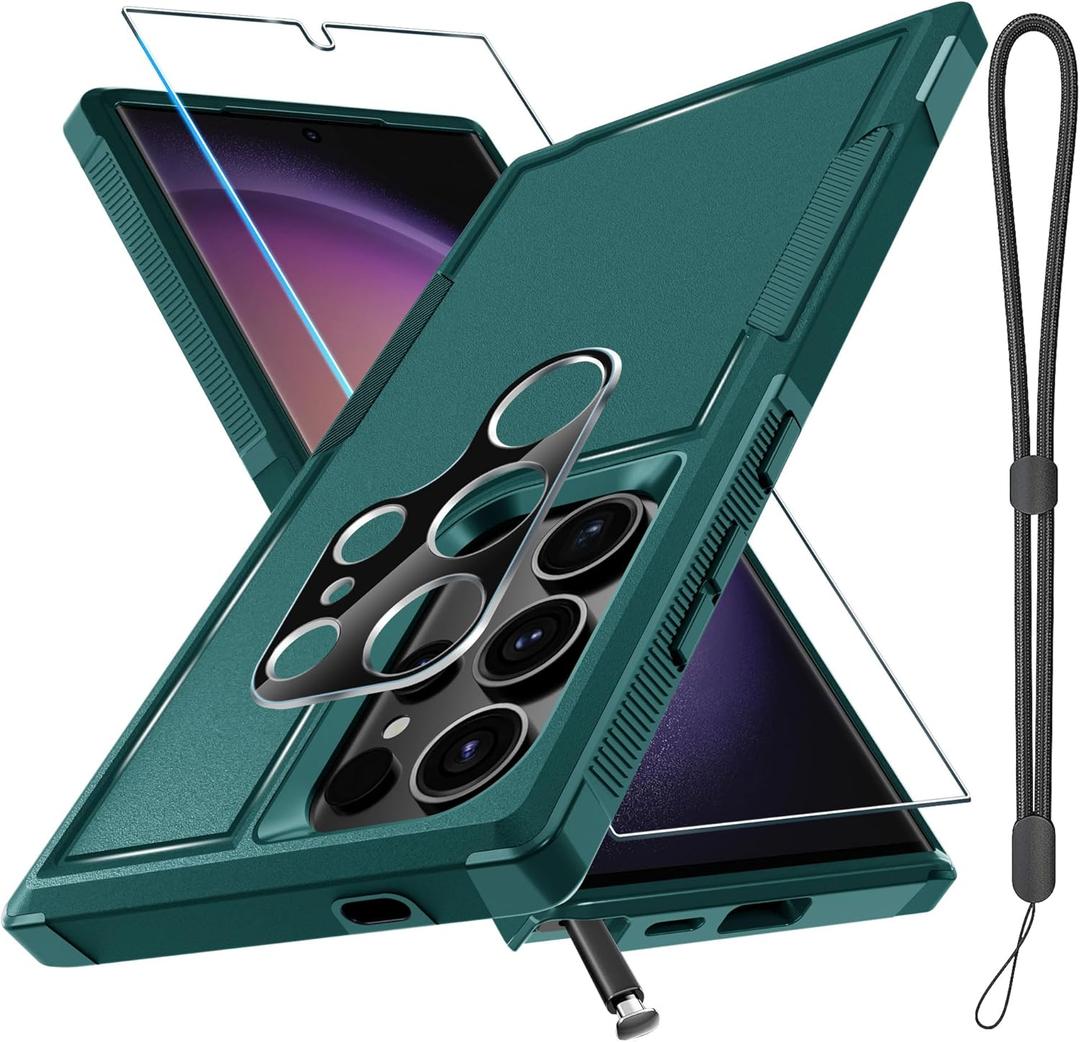 RMOCR Case for Samsung Galaxy S25 Ultra, Full Body Heavy Duty Rugged Shockproof Protective Phone Cover with Lanyard Strap, Tempered Glass Screen Protector and Camera Lens Cover, Dark Green