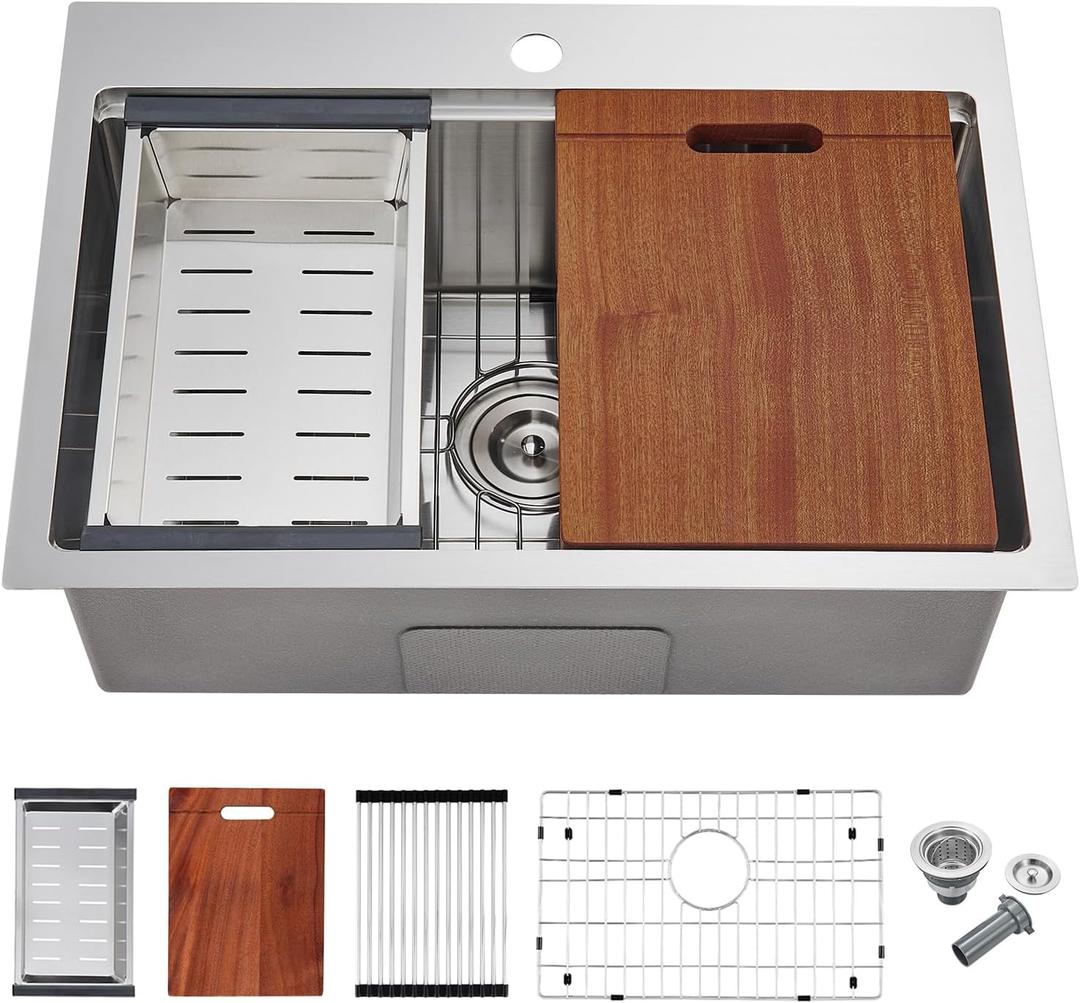 POPFLY 25 Inch Drop In Kitchen Sink, 2518 Drop In Workstation Sink 18-Gauge 304 Stainless Steel Single Bowl Top mount 9-Inch Deep Handmade Sinks with Cutting Board, Brushed