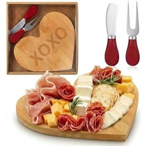 CHENGU 1 Set Heart Charcuterie Boards Bridal Baby Shower Favor Heart Cheese Board with Knife and Fork Valentine's Day Clear Gift Box for Guest Bridal Baby Shower Prize Wedding Valentines Birthday