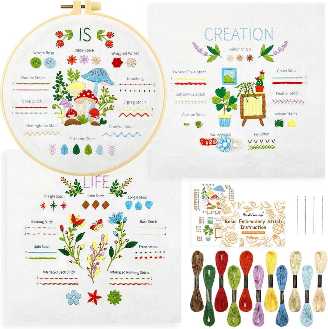 HAND U JOURNEY Beginner's Embroidery Kit - 28 Stitch Techniques, Stamped Flower and Mushroom Patterns, Hoop, Threads, Needles, Instructions & Video - Ideal for Beginners