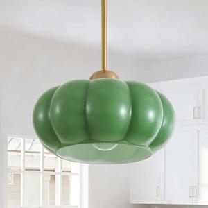 Green Milk Glass Pendant Light Chandelier, 9.8" Hanging Mid Century Modern Ceiling Light Fixture, Adjustable Gold Kitchen Chandelier for Dining Room Bedroom Hallway Foyer