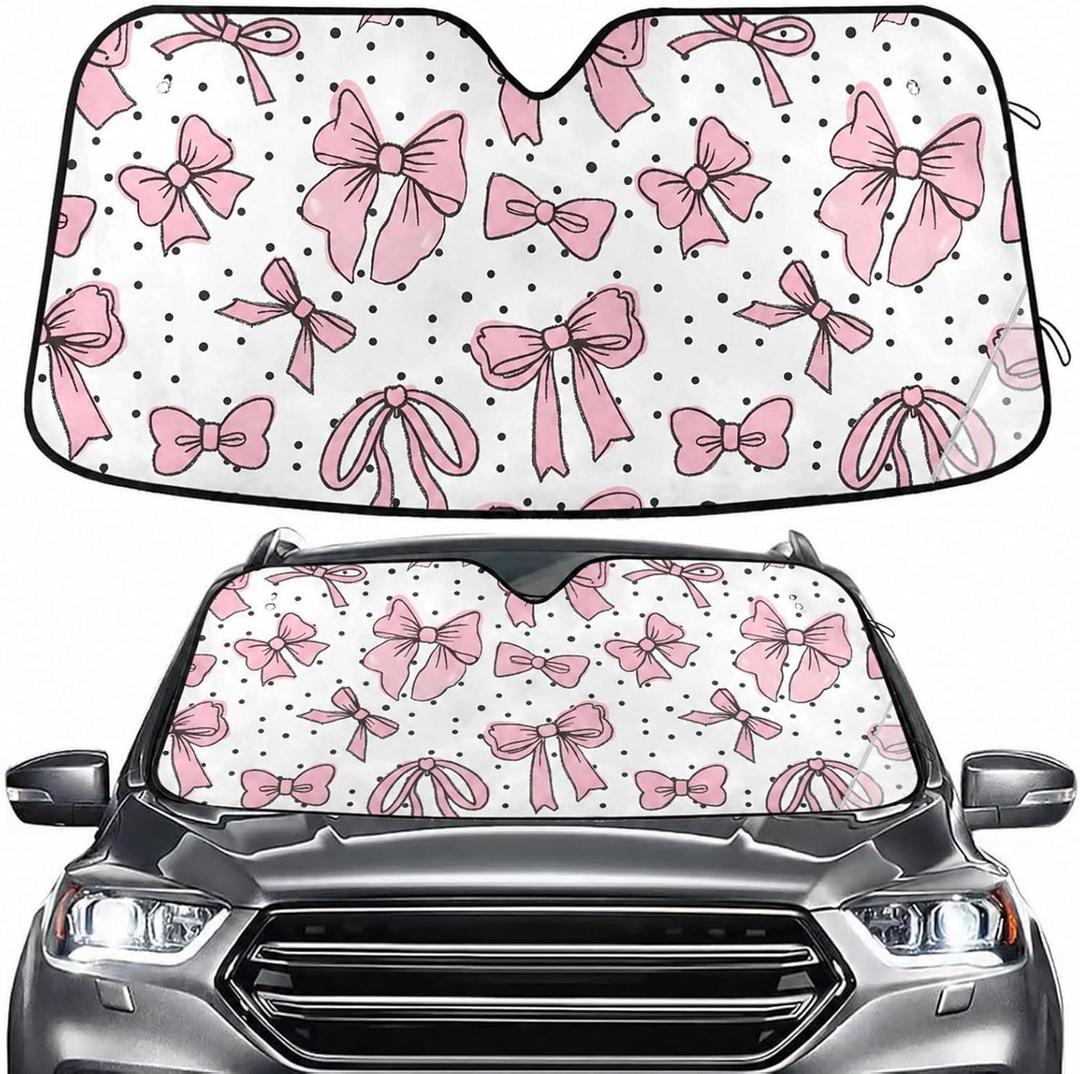 Cute Bows Pink Windshield Sun Shade for Car Auto SUV Truck Foldable Front Window Sunshade Sun Visor Protector Block UV Rays Reflect Heat, 55" x 28"