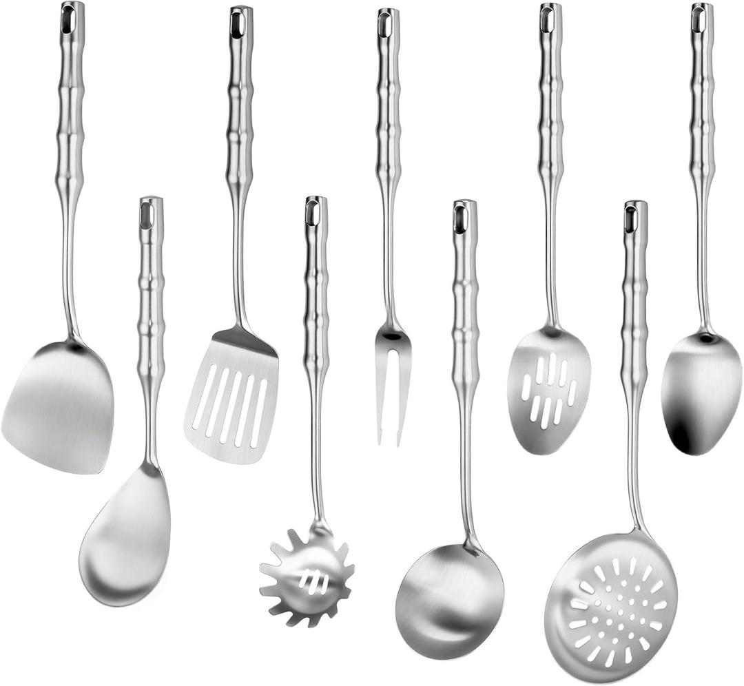 18 10 Stainless Steel Cooking Utensils Set,9pcs Kitchen Utensil Sets Metal 14 inch Long Heavy Duty Kitchen Tools Dishwasher Safe, Include Spatula Soup Ladle, Slotted Skimmer Spoon, Spaghetti