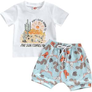 Western Toddler Baby Boy Girl Summer Clothes Cactus Print Short Sleeve T-Shirt Tops Elastic Waist Shorts 2Pcs Set
6-12M
