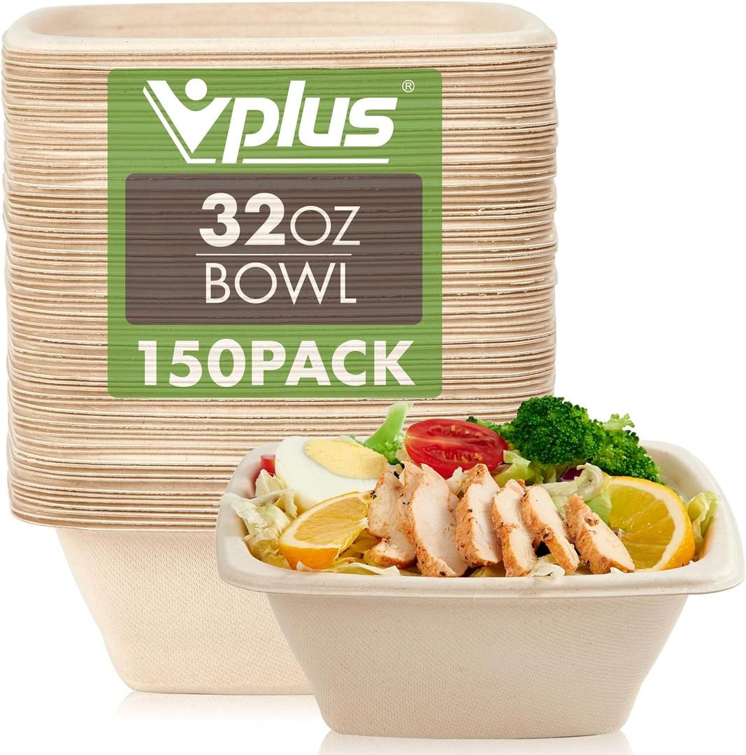 Vplus 150 Pack 32 OZ Paper Bowls Bulk, Square Disposable and Compostable, Eco-friendly Bagasse, Heavy-duty Bowls Perfect for Milk Cereals, Snacks, Salads (32 OZ Nature)
