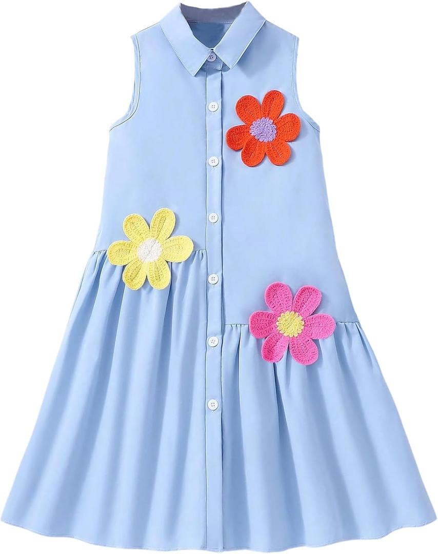 Girl's Cute 3D Floral Tank Dress Button Down Collar Sleeveless Flared Short Dresses (XXXL)