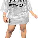 Its My Birthday Dress for Women Birthday Sequin Shirt Dress Letter Graphic Print Half Sleeve Dress (XX-Large, Silver)