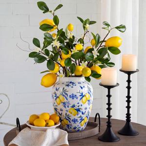 Capri Lemon Ceramic Vase with Artificial Lemons Branches 7.87inch Blue Tiles Yellow Lemon Vase 6 Head Faux Lemons with Stem Fake Fruit Themed for Kitchen Decoration Party Farmhouse Decor