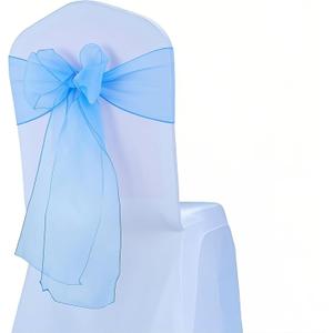 50 Organza Baby Blue Chair Bows for Wedding 7x108 Inches Crystal Yarn Sheer Chair Sashes Knots Ties for Party Banquet Birthday Hotel Restaurant Events Decorations