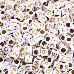 Acrylic Letter Beads Alphabet Gold Letters White Cube Bead, 6×6mm 900pcs, Friendship Bracelets Letters Beads Jewelry Making Bulk