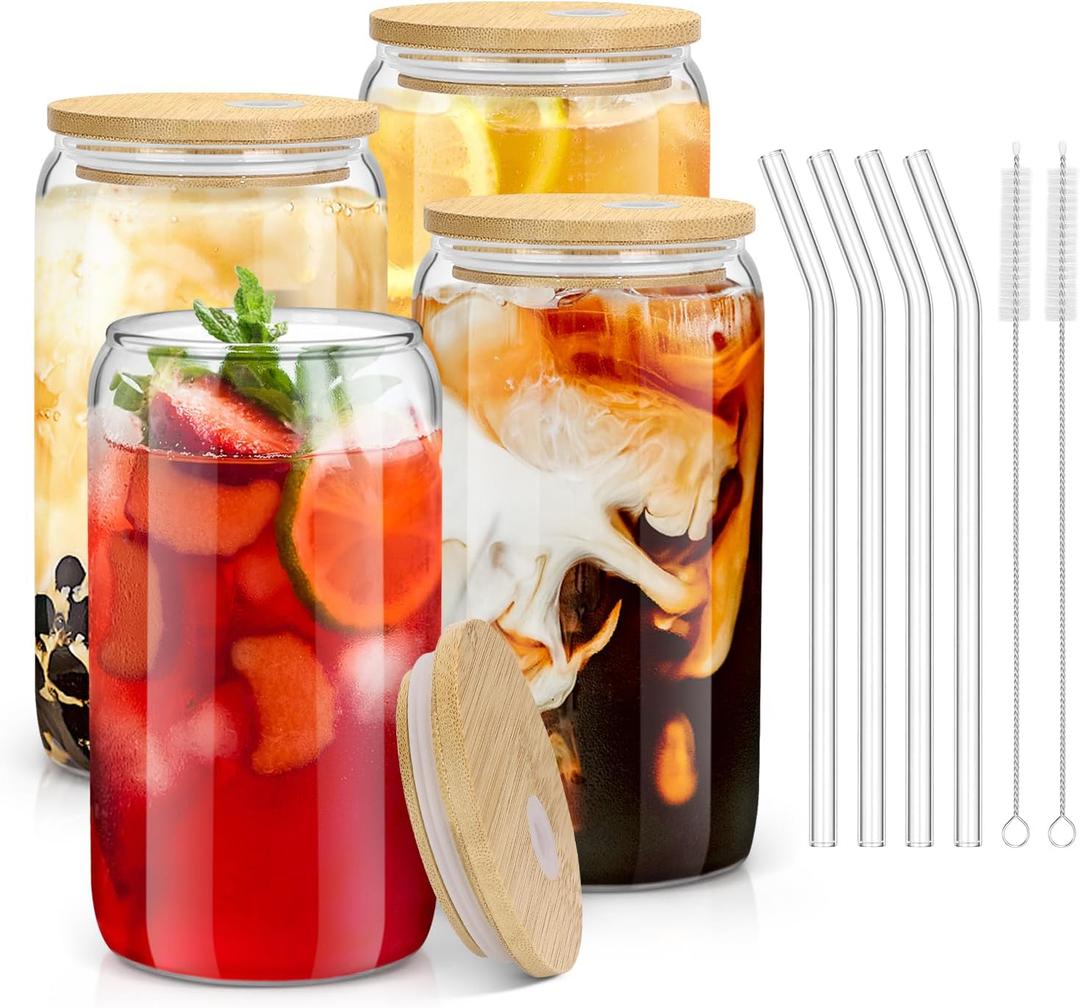 sungwoo 4PCS Glass Cups with Bamboo Lids and Straws, 16OZ Ice Coffee Cup, Drinking Cup set with Wooden Lids, Home Essential Glass Tumblers for Beer, Cocktail, Tea and Latte Clear
