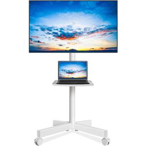Rfiver Mobile TV Stand for 23-65 Inch LCD LED Flat/Curved Panel Screen TVs up to 88 lbs, Rolling TV Stand with Adjustable Shelf & Tilt, Portable Floor Stand on Wheels for Bedroom, Living Room, White