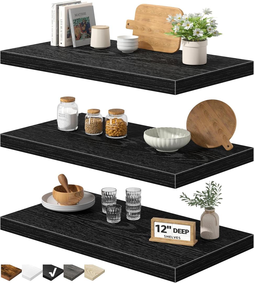 QEEIG 12" Deep Floating Shelves for Wall - 12 x 24 inch Book Shelf Bathroom Bedroom Kitchen Living Room Hanging Bookshelf Farmhouse Set of 3, Black (026-60B3), 12"D x 23.6"W