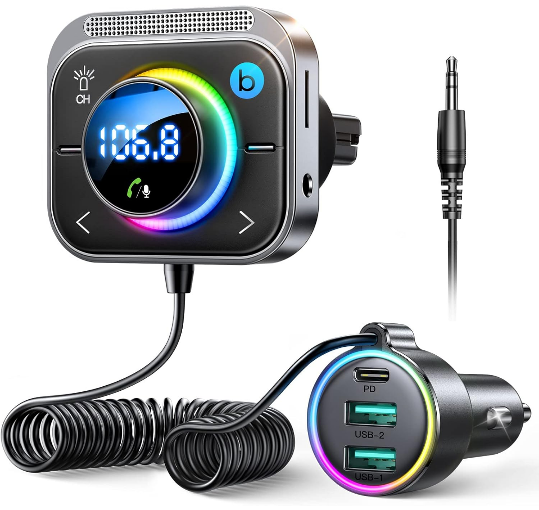 JOYROOM 96W FM Transmitter Bluetooth 6.0 Car Adapter Aux with 3 Charging Ports【PD 60W & 2 * 18W】【Air Vent Installation for Safe】 Deep HiFi Bass Player Wireless Radio Fun Car Accessories Gift Set