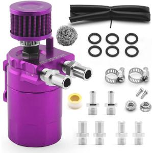 muge racing Universal Oil Catch Can Tank Kit Polish Baffled Reservoir with Breather Filter with 3/8" Fuel Line, Aluminum, Purple, 400ml