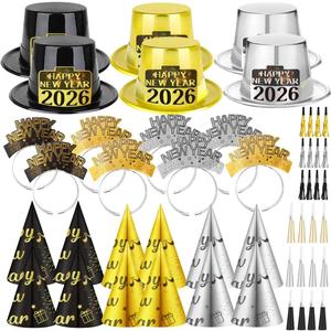 HEYPRIIL Upgraded Happy New Years Eve Party Supplies Hats 2026 for 26 Guests, New Year Decorations Hats Headband Cone Hat Noise Makers Party Favor Tiaras NYE Accessories