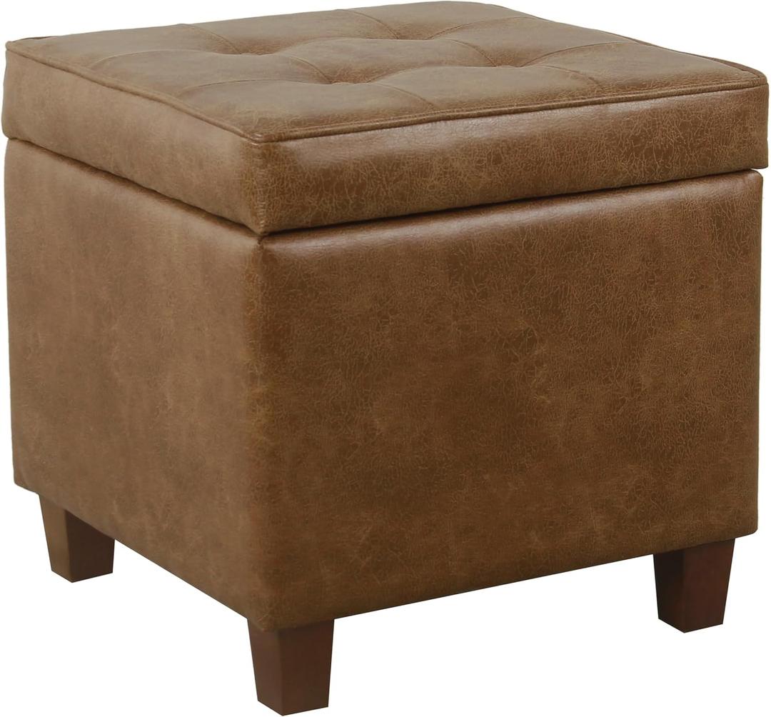 HomePop Square Tufted Storage Ottoman - Distressed Brown Faux Leather Small, 17.5"D x 17.5"W x 17.5"H