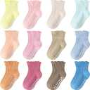 Baby Toddler Girls Socks Grip Ruffle Non Slip Girls Cotton 12 Pack Socks for Kids Cute Ankle 6M-7Years (Frilly Rainbow)