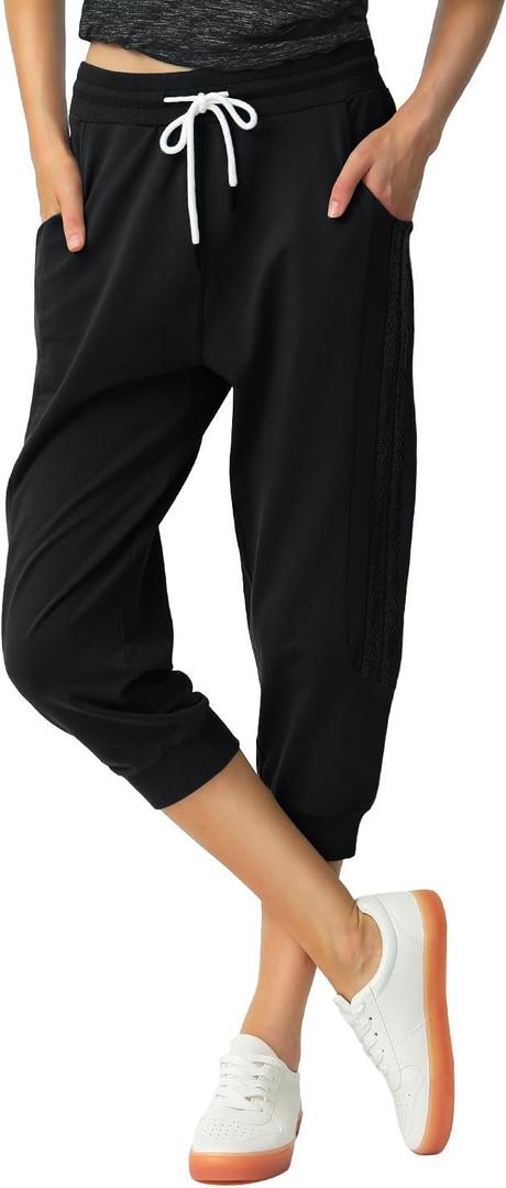 SPECIALMAGIC Women's Capri Pants Cropped Joggers with Pockets Elastic Waist Drawstring Capri Sweatpants (Black, M)