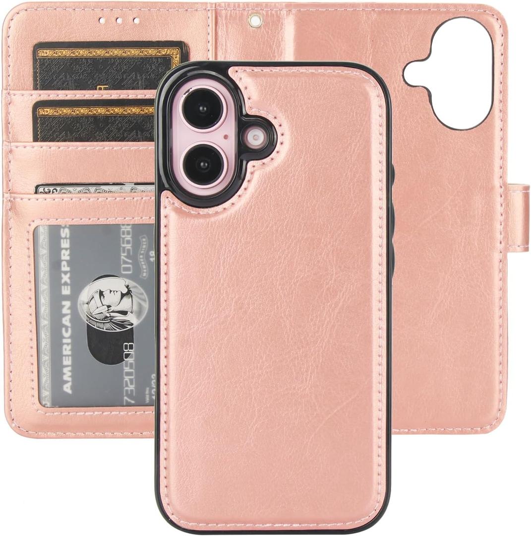 Bocasal Detachable Wallet Case for iPhone 16 RFID Blocking Card Slots Holder Premium PU Leather Magnetic Kickstand Shockproof Wrist Strap Removable Flip Protective Cover 5G 6.1 inch (Rose Gold)