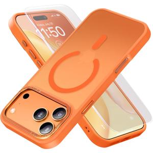 Magnetic for iPhone 17 Pro Max Case with Screen Protector & Wrist Strap, Fit for MagSafe,Military-Grade Protective Drop, Shockproof Matte Translucent Slim Cute for iPhone 17 ProMax Case, Glossy Orange