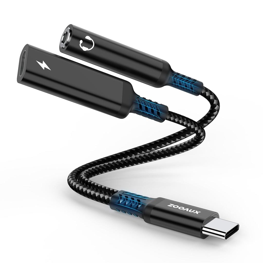 ZOOAUX USB C to 3.5mm Headphone Jack and Charger Adapter, 2 in 1 Type C to Aux Audio Jack Splitter Dongle Cable Cord with 60W Fast Charging for iPhone 17/16/15, Galaxy S25/S24, iPad Pro, Pixel (Black)