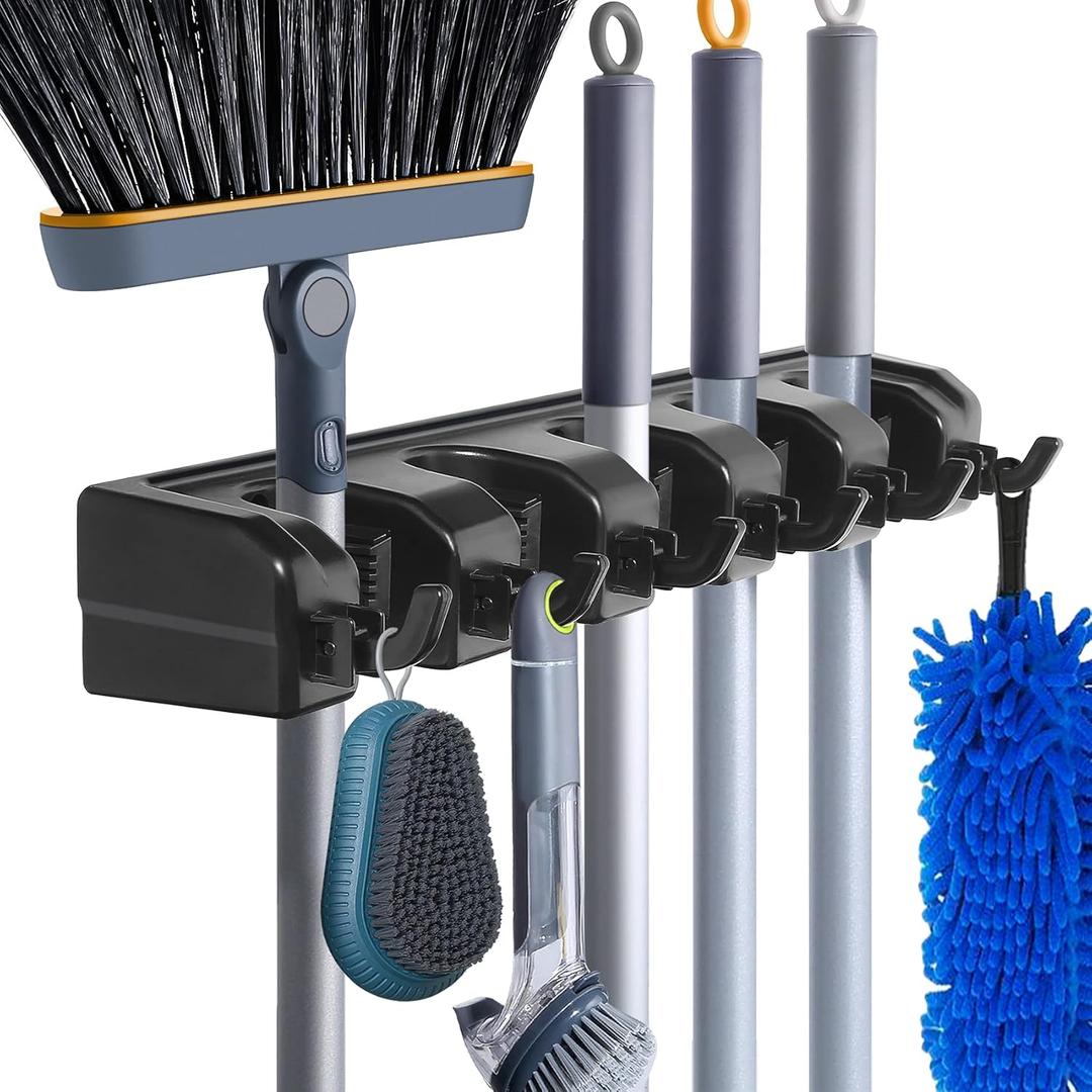 HYRIXDIRECT Wall Mount Broom Mop Holder Hanger Garden Tool Organizers Rack Garage Laundry Room Organizations and Storage with Hooks Heavy Duty (Black)