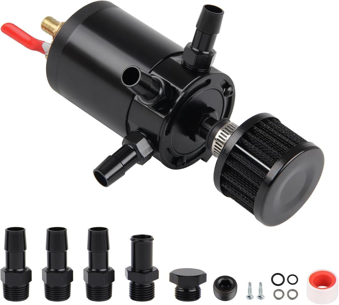 Universal 150ml Car Oil Catch Can Kit Reservoir Tank, Compact Baffled 3-Port Oil Separator 2 Inlets 1 Outlet with Breather Filter, Black