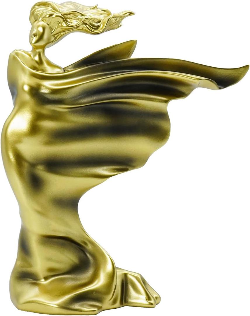 Elegant Resin Sculpture Decor Golden Lady with Flowing Gown Design,  in Gold, White, and More, Modern Art Home Accent for Living Room, Office, and Gift Giving