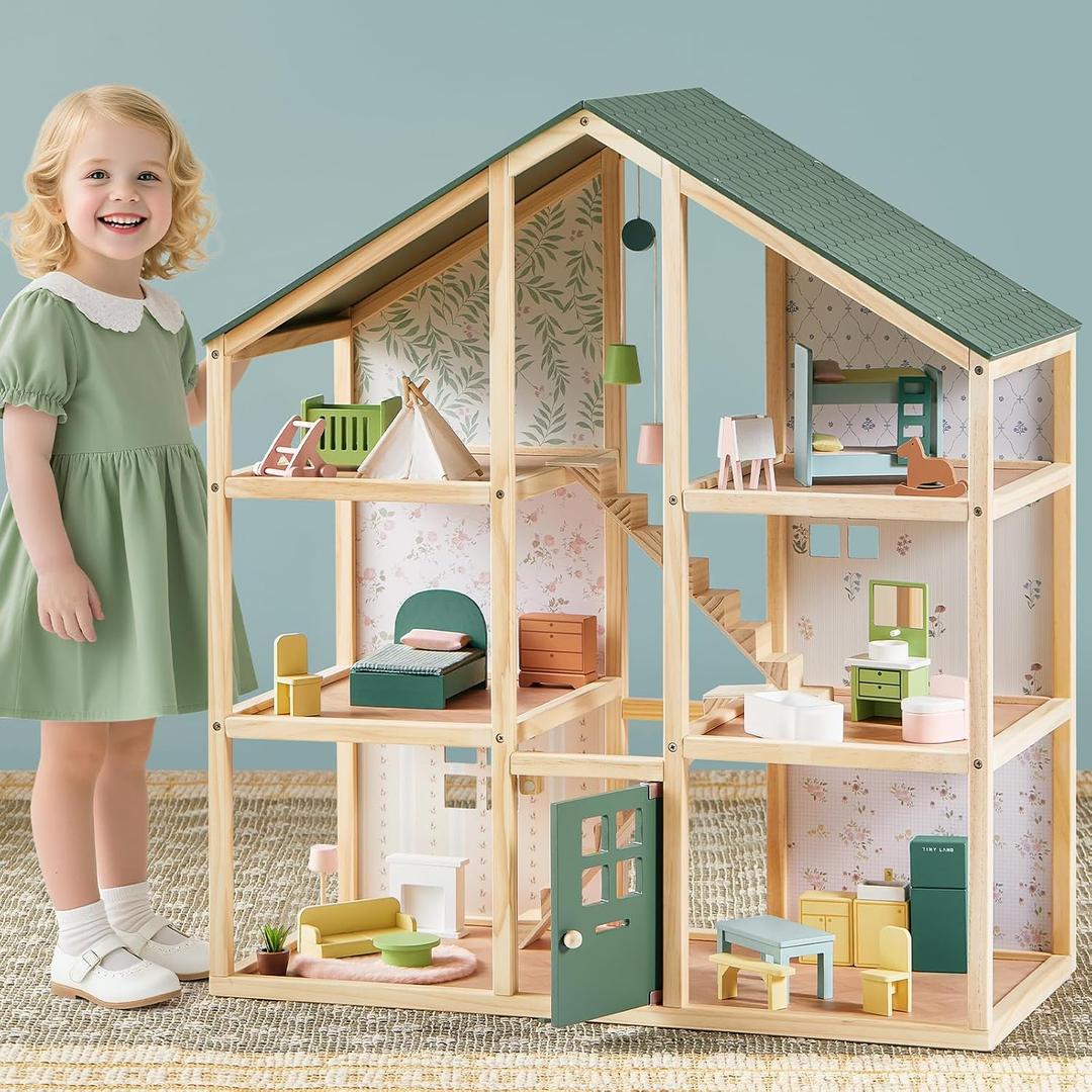 Tiny Land Wooden Dollhouse for Girls - 6 Rooms Wooden Doll House, DIY Pretend Doll House with 31Pcs Furniture Accessories, Creative Gift for Girl Ages 3+, Green, Large Size