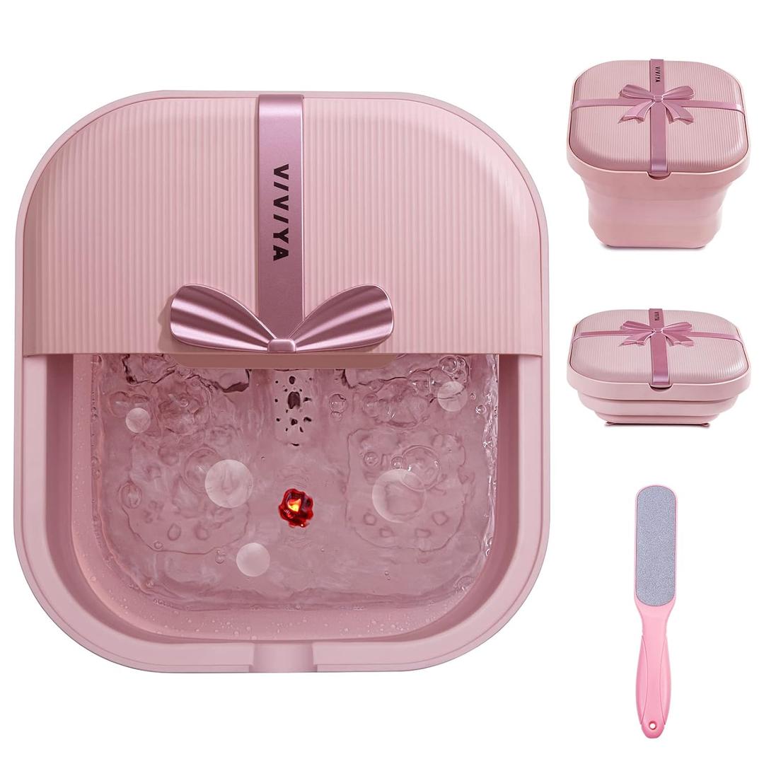 Collapsible Foot Bath Spa with heat and Massage Rollers, Foldable Foot Soak Tub with Bubbles Jets and LED light, Pedicure Foot Spa Massager with Foot Scrubber for Home Use (Pink)