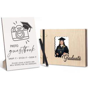 Marspark Graduation Guest Book Set 16 x 9" 90 Pages Wooden Scrapbook Photo Album Photo Guest Book Sign with Pen Graduation Memory for College Gift Congratulations Grad Party Decorations