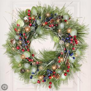 Timer - 20 Inch Lighted Christmas Wreaths for Front Door, Winter Wreath with 30 LED Lights Snowy Pine Needles Eucalyptus Cypress Leaves Pinecones Red Blue Berries Xmas Wreath for Window Wall Mantle (Green)