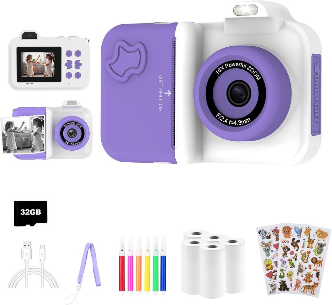 Kids Camera Instant Print, Christmas Birthday Gifts Toys for Girls Boys Age 4 5 6 7 8 9 10 11 12 Years Old,1080P HD Dual-Lens Selfie Digital Camera with 5 Rolls Print Paper Stickers Pens & 32G Card (white purple)
