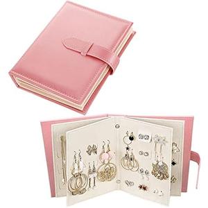 Yiluana Earring Book Organizer, Portable Earring Holder Case Pu Leather Travel Earring Case with Foldable Book Design (Pink)