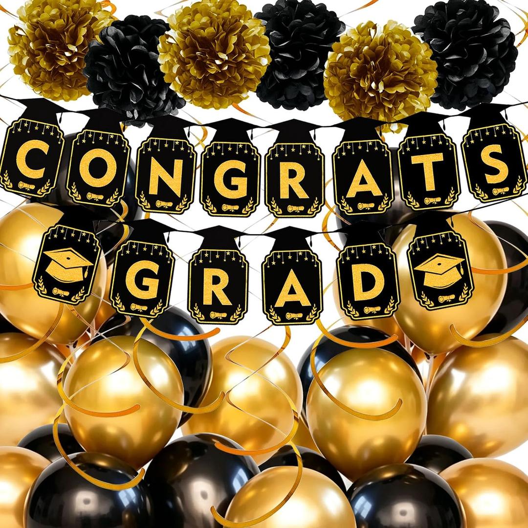 Congrats Grad Banner for Graduation Decorations 2026, Congratulations Banner, Black and Gold Balloons for Grad Decorations with Paper Flowers, Hanging Swirls