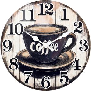 Large Kitchen Wall Clock,Vintage Coffee Sign Decor Wall Clocks Battery Operated for Cafes/Dining Room/Home(14 Inch)