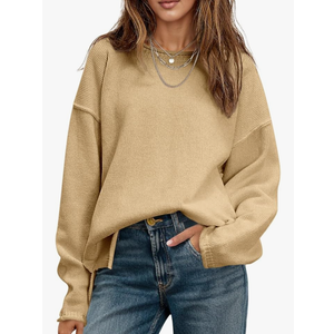 Saodimallsu Womens Oversized Crew Neck Sweaters Long Sleeve Slouchy Knit Fall Casual Loose Side Split Pullover Tops S