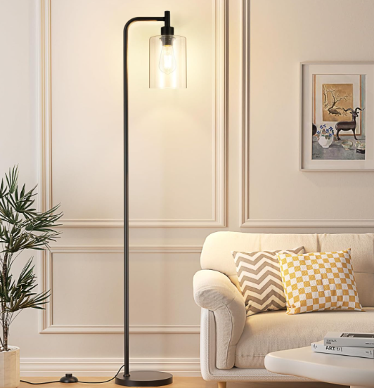 Ziisee Industrial Floor Lamp with Glass Shade - Black, LED Bulbs, Foot Pedal Switch, Easy Assembly