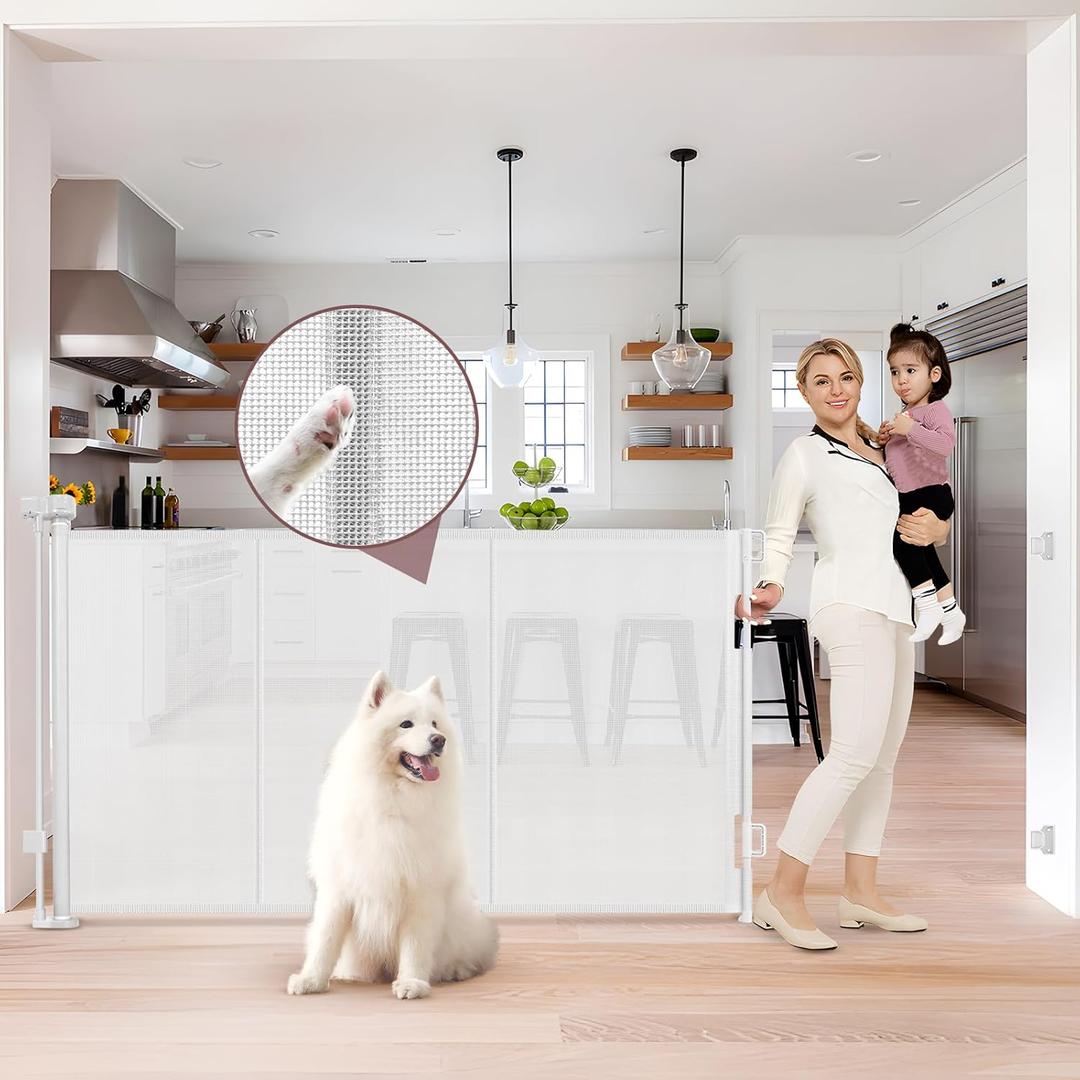 Reinforced 41 Inch Extra Tall Retractable Dog Gate 80 Inch Extra Wide Baby Gate with Support Rods  Prevents Crawling Under, Indoor Extra Tall Retractable Baby Gates Outdoor Extra Tall Pet Gate, White ((41" Tall x 80" Wide))